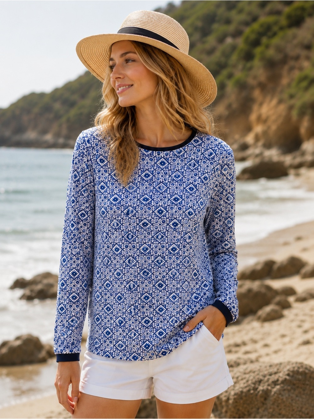 Hang Ten Performance Long Sleeve Top | Medium | Blue & White Print